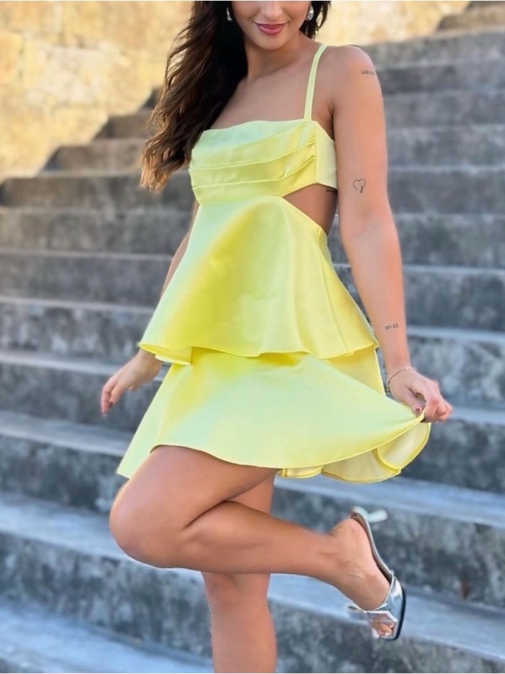 Zara Lemon Tiered Cutout Mini Dress (see notes)